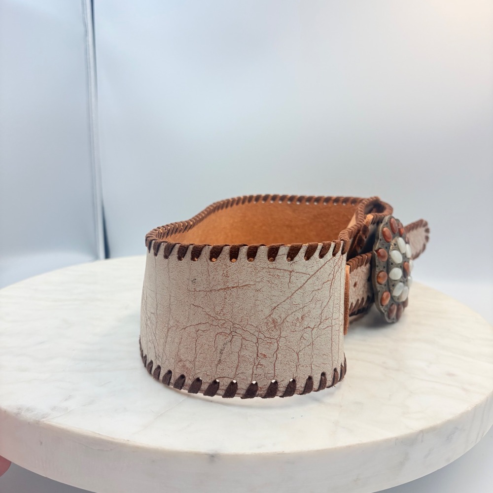 VTG Streets Ahead Wester Wide Waist Belt Women S Cream Leather Whipstitch Stones - Picture 4 of 7